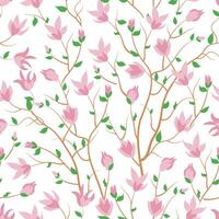 Pattern of flowering magnolia trees. Spring magnolia flowers, leaves, blooming background. wallpaper, for fabric, prints, invitations, backgrounds, covers. Summer seamless textile design vector