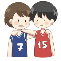 two boys wearing basketball uniforms, one is hugging the other png