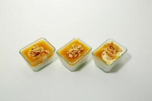 Qamar Al Din Muhalabiya or apricot milk pudding toping with peanut served in dish isolated on table side view of arabic food photo