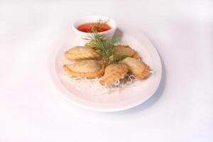 MEAT FATAYER with chilli sauce served in dish isolated on background side view of arab food photo