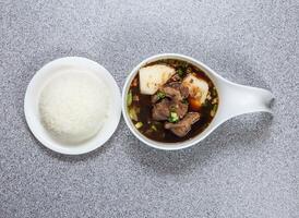 stewed beef flank in thai style with rice served in dish isolated on grey background top view of hong kong food photo