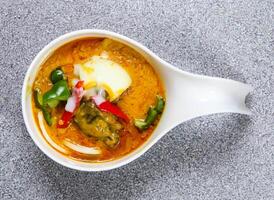 stewed beef flank yellow curry in thai style served in dish isolated on grey background top view of hong kong food photo