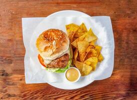 classic chicken burger with cucumber, tomato and cabbage, mayonnaise dip and crackers served in dish isolated on wooden table top view of hong kong food photo