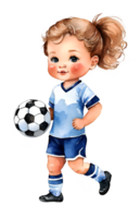 Watercolor and painting cute Caucasian baby doll girl cartoon is playing soccer or Football. AI-Generated png