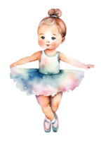 waterverf en schilderij schattig glimlachen baby pop meisje tekenfilm is dansen ballet in een mooi rok. ai-gegenereerd png