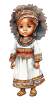 acuarela y pintura linda africano americano o etíope tribu bebé muñeca niña dibujos animados en nacional tribal étnico traje. generado por ai png