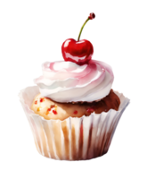 Watercolor and painting cupcakes with berries and cherry topping on strawberry cream. Homemade dessert bakery Illustration. AI-Generated png