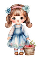 acuarela y pintura linda muñeca niña con flor cinta en venda y sombrero en bonito vestir para jardín de infancia dibujos animados. generado por ai png