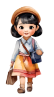vattenfärg och målning söt docka asiatisk lärare flicka med företag väska och hatt i Söt klänning för dagis tecknad serie. ai-genererad png
