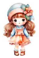 Watercolor and painting cute doll girl with flower ribbon on headband and hat in pretty dress for kindergarten cartoon. AI-Generated png