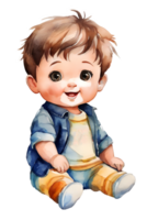 Watercolor and painting cute doll student boy with hat in brown overalls and jean jacket for kindergarten cartoon. AI-Generated png