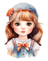 aguarela e pintura fofa boneca menina com flor fita em arco de cabelo e chapéu dentro bonita vestir para Jardim da infância desenho animado. gerado por IA png