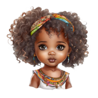 Watercolor and painting cute African American or Ethiopian tribe baby doll girl cartoon in National tribal ethnic costume. AI-Generated png