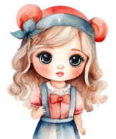 Watercolor and painting cute doll girl with flower ribbon on headband and hat in pretty dress for kindergarten cartoon. AI-Generated png