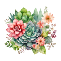 Aquarell und Gemälde Blühen frisch Kaktus und Blumen saftig Pflanze. KI-generiert png