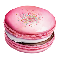 Aquarell und Gemälde Süss Dessert Rosa Macaron oder Makrone Sahne Plätzchen mit Süßigkeiten Belag. KI-generiert png