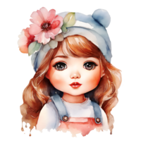 Watercolor and painting cute doll girl with flower ribbon on headband and hat in pretty dress for kindergarten cartoon. AI-Generated png