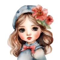 Watercolor and painting cute doll girl with flower ribbon on headband and hat in pretty dress for kindergarten cartoon. AI-Generated png