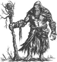 orc mage with magical staff full body images using Old engraving style vector