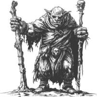 orc mage with magical staff full body images using Old engraving style vector