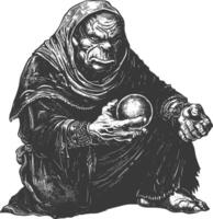 orc mage with magical orb full body images using Old engraving style vector