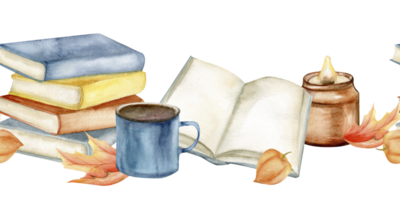 Stapel von Bücher, Kaffee Tasse, Orange Kürbis und Kerze Aquarell nahtlos Banner. Hand gezeichnet Rand zum Buch Geschäft Etikett, Vorlage, gemütlich Herbst, das Erntedankfest Festival Design png