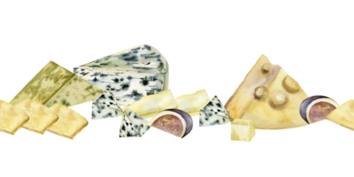 Käse mischen mit Feigen und Trauben nahtlos Banner. Hand gezeichnet Aquarell Essen Illustration mit Brie, Camembert, Gouda, Früchte zum Speisekarte, Restaurant, Produkt Verpackung Design png