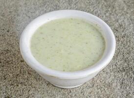 menta raita con yogur servido en plato aislado en gris antecedentes lado ver de indio especias y pakistaní comida foto