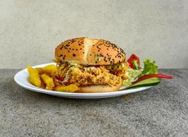 Crispy Chicken Zinger Burger with french fries and salad served in dish isolated on grey background side view of indian spices and pakistani food photo