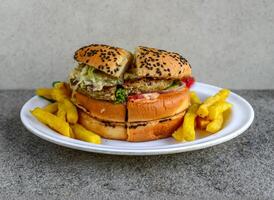 Special chicken burger with french fries served in dish isolated on grey background side view of indian spices and pakistani food photo