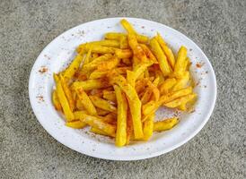 condimento francés papas fritas servido en plato aislado en gris antecedentes lado ver de indio especias y pakistaní comida foto