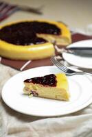 Blueberry Cheesecake slice include caramel with fork and knife served in plate isolated on table top view of cafe bake food photo