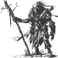 orc mage with magical staff full body images using Old engraving style vector