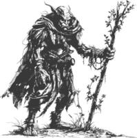 orc mage with magical staff full body images using Old engraving style vector