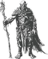 orc mage with magical staff full body images using Old engraving style vector