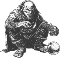 orc mage with magical orb full body images using Old engraving style vector