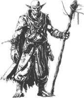 orc mage with magical staff full body images using Old engraving style vector