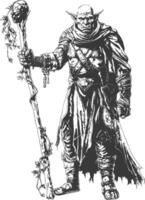 orc mage with magical staff full body images using Old engraving style vector