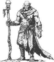 orc mage with magical staff full body images using Old engraving style vector