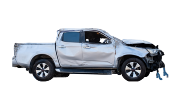 Side view of gray or bronze pickup car get damaged by accident on the road. damaged cars after collision. isolated on transparent background, car crash destroy. File png
