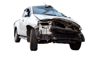 Front and side of white pickup car get damaged by accident on the road. damaged cars after collision. isolated on transparent background, car crash bumper on the road, broken car, File png