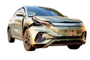 Front view of electric car get damaged by accident on the road. damaged cars after collision. isolated on transparent background, car crash bumper on the road, broken car, File png