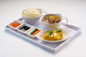 Boneless Hainanese Chicken Rice with chicken soup, soy sauce, chili sauce served in bowl isolated on wooden table side view of hong kong fast food photo