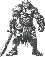 orc warrior with sword full body images using Old engraving style vector