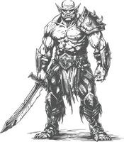 orc warrior full body images using Old engraving style vector