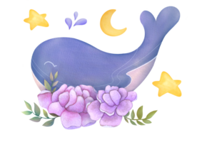 Cute little flying whale with flowers, moon and stars. children s watercolor illustration - fantasy art for kids room decoration or posters, cards, invites png
