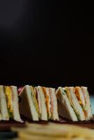 Assorted Club Sandwich isolated on wooden with mayonnaise dip and french fries bucket board side view of italian fast food on background photo