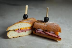 Robust Roast Beef Cheddar Sandwich with mayonnaise dip with fries served in wooden board isolated on napkin side view of breakfast food photo