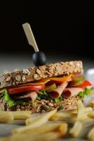 Smoked Chicken Sandwich with fries and mayonnaise dip isolated on dark background side view of breakfast food photo