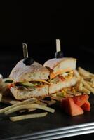 Spicy Southwest Chicken Sandwich with fries and mayonnaise dip served in tray isolated on dark background side view of breakfast food photo